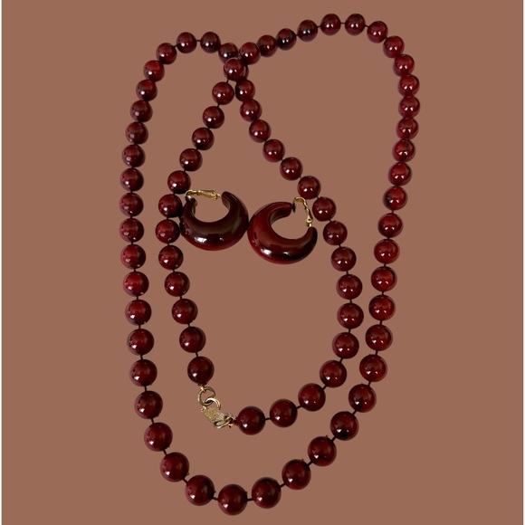 Sarah Coventry Long Necklace & Earrings Set Reddish Brown Marbled Vintage EUC - Picture 16 of 16